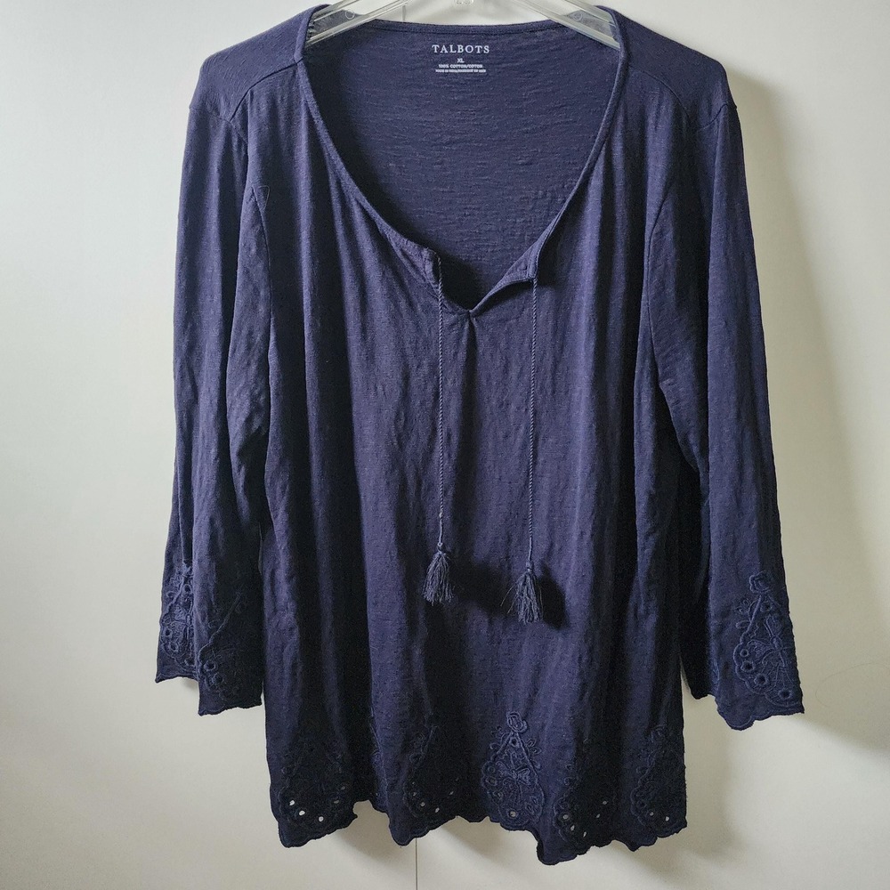 Talbots‎ XL Navy Blue Eyelet Trim Tassel Tie Neck 3/4 Sleeve Cotton Slub Top